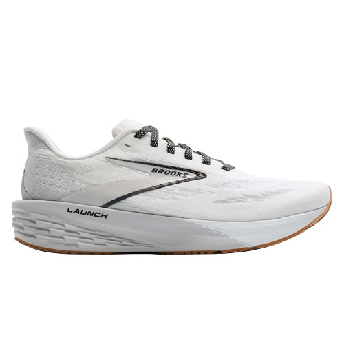 A white Brooks Launch running shoe with black laces and branding, featuring a streamlined design and a cushioned sole.