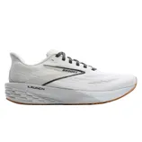 A white Brooks Launch running shoe with black laces and branding, featuring a streamlined design and a cushioned sole.