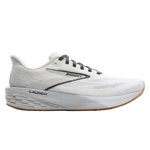 A white Brooks Launch running shoe with black laces and branding, featuring a streamlined design and a cushioned sole.
