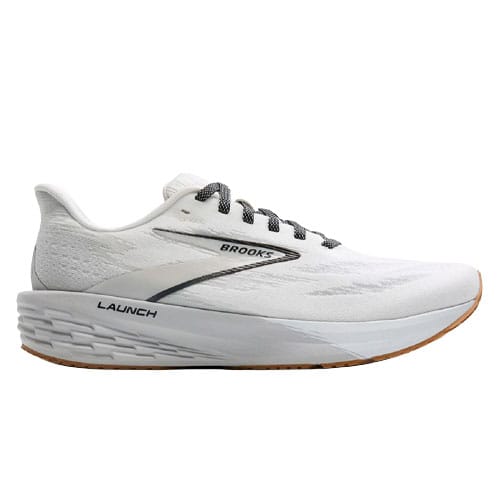 A white Brooks Launch running shoe with black laces and branding, featuring a streamlined design and a cushioned sole.