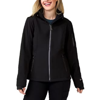 A black softshell jacket with a front zipper, adjustable cuffs, and zippered pockets, designed for casual wear and outdoor activities.
