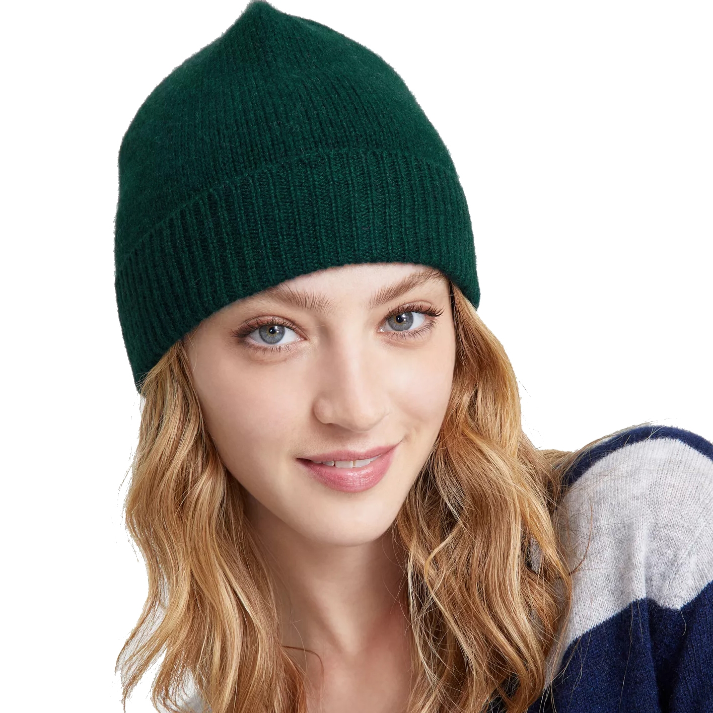 A person wearing a green knit beanie and a blue and gray striped sweater.