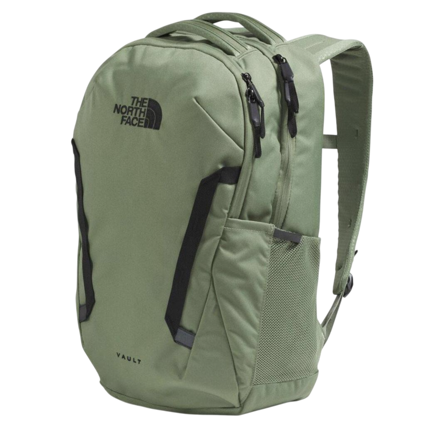 A green North Face Vault backpack featuring black zippers and logo, side mesh pocket, and padded shoulder straps.