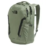 A green North Face Vault backpack featuring black zippers and logo, side mesh pocket, and padded shoulder straps.