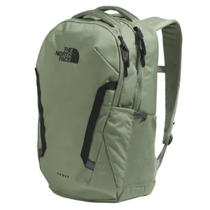 A green North Face Vault backpack featuring black zippers and logo, side mesh pocket, and padded shoulder straps.