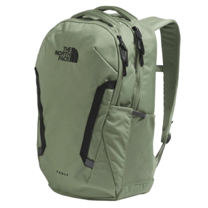 A green North Face Vault backpack featuring black zippers and logo, side mesh pocket, and padded shoulder straps.