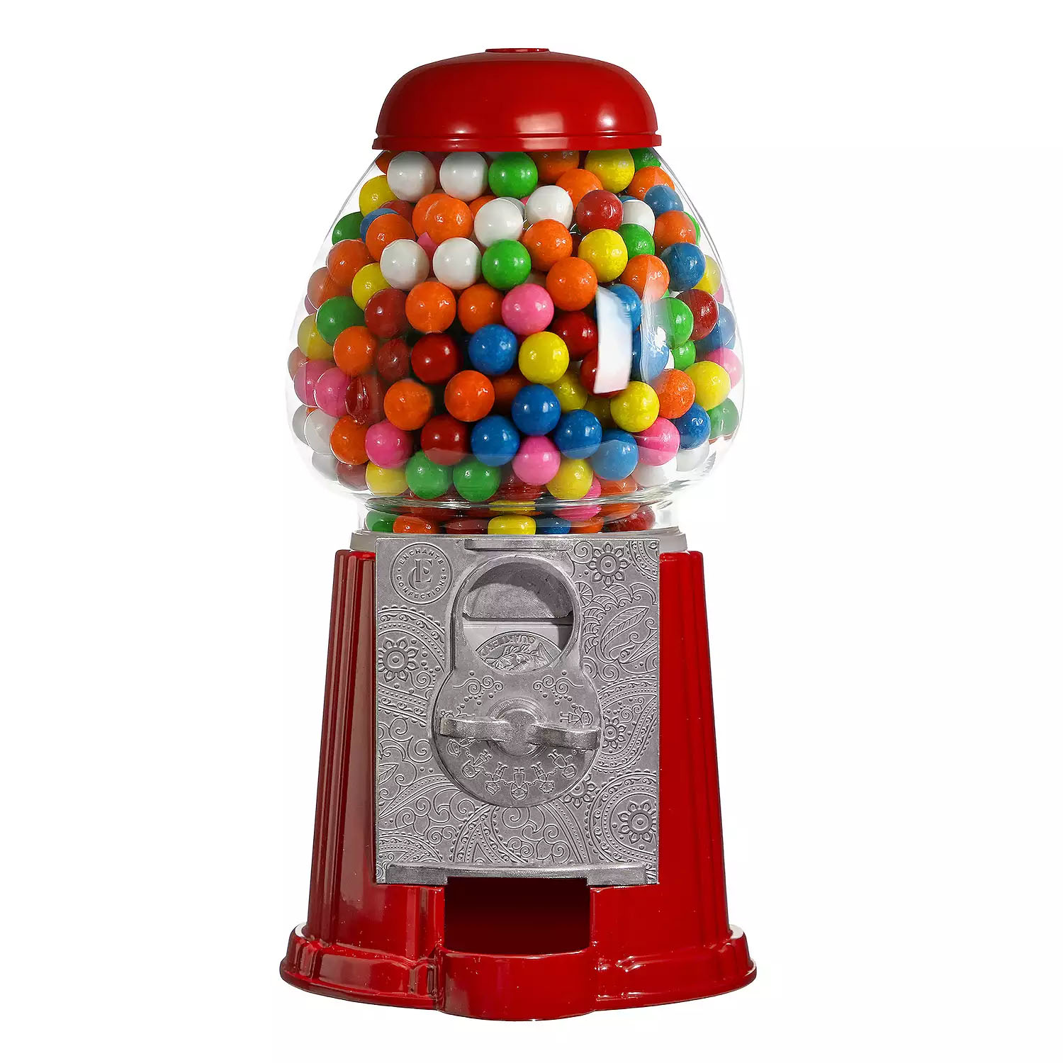 A red classic gumball machine with a glass globe filled with colorful gumballs, featuring a coin-operated mechanism and a silver base with embossed designs.