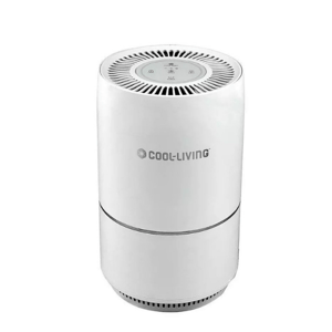 COOL·LIVING white air purifier with a cylindrical design and controls on the top surface.