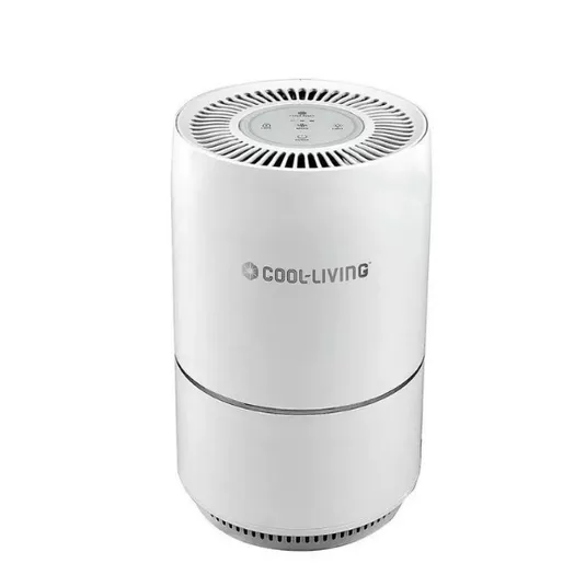 COOL·LIVING white air purifier with a cylindrical design and controls on the top surface.