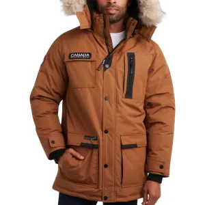 Brown winter parka with a fur-lined hood, featuring a \“Canada\“ patch and multiple pockets, designed for extreme cold.