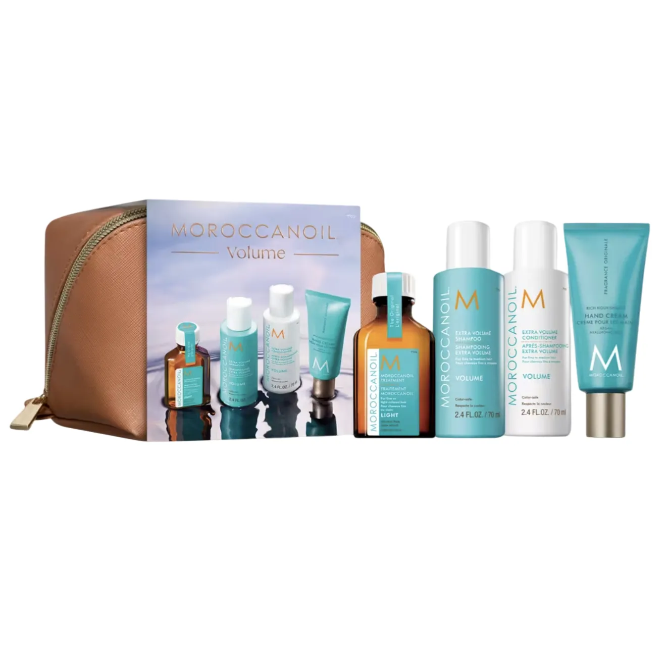 Moroccanoil Volume set includes Moroccan oil treatment, extra volume shampoo, extra volume conditioner, and hand cream, all in travel sizes with a cosmetic bag.