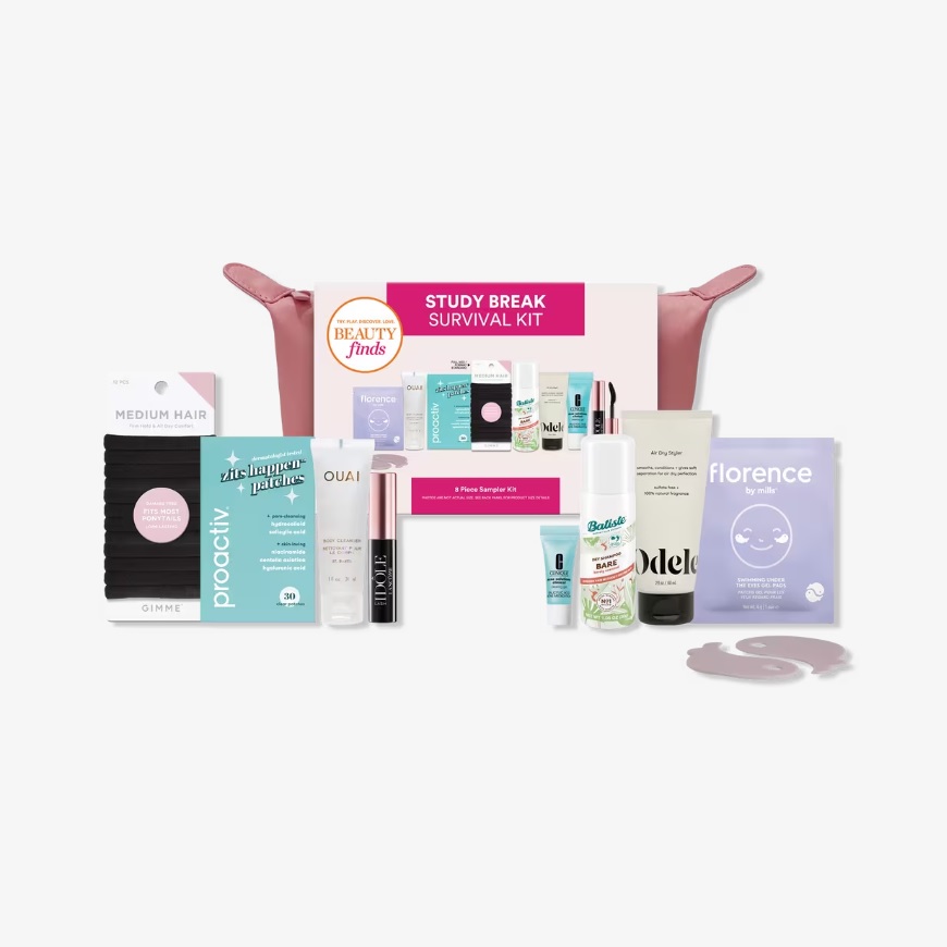A collection of various beauty and skincare products including hair ties, cleansers, and moisturizers.