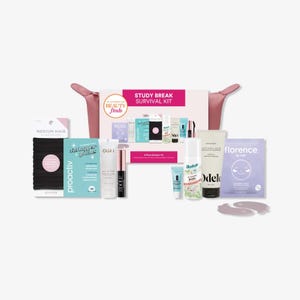 A collection of various beauty and skincare products including hair ties, cleansers, and moisturizers.