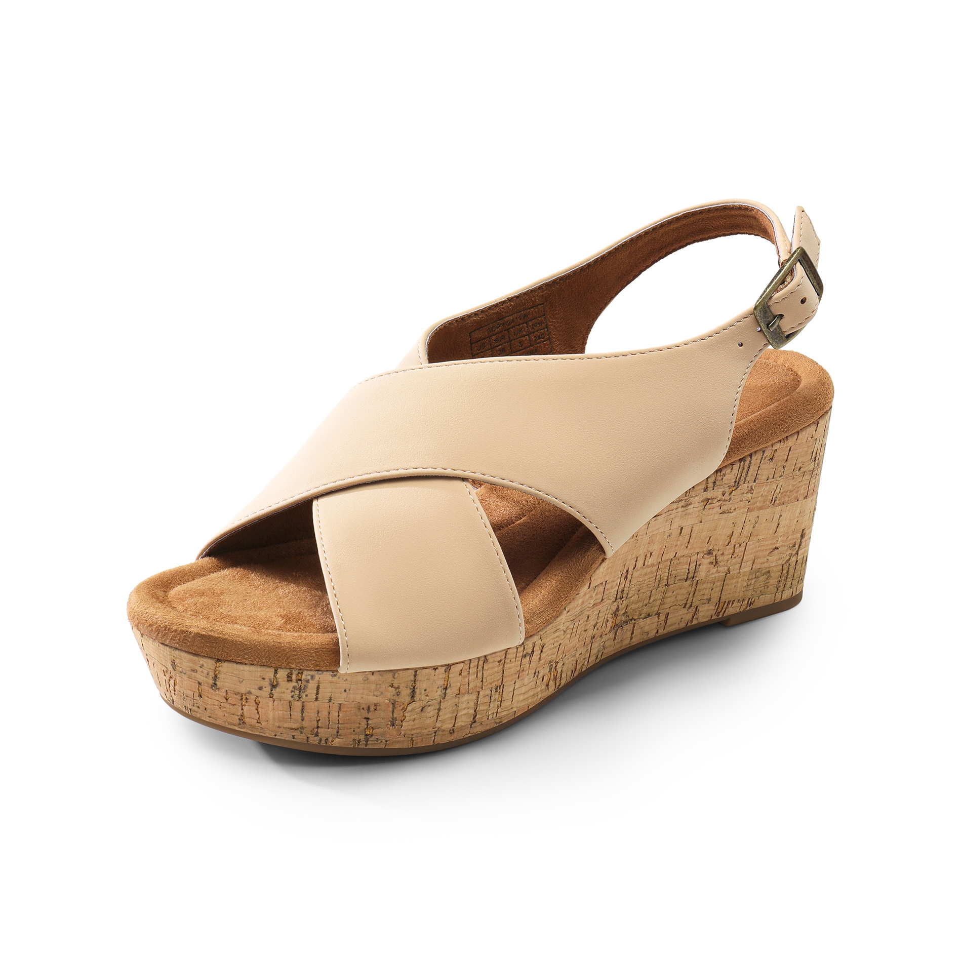 Women's beige wedge sandal with a broad front strap and ankle buckle, featuring a cork heel.