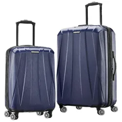 Two blue, hard-shell suitcases with multi-directional spinner wheels and telescopic handles.