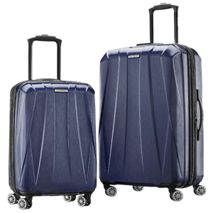 Two blue, hard-shell suitcases with multi-directional spinner wheels and telescopic handles.