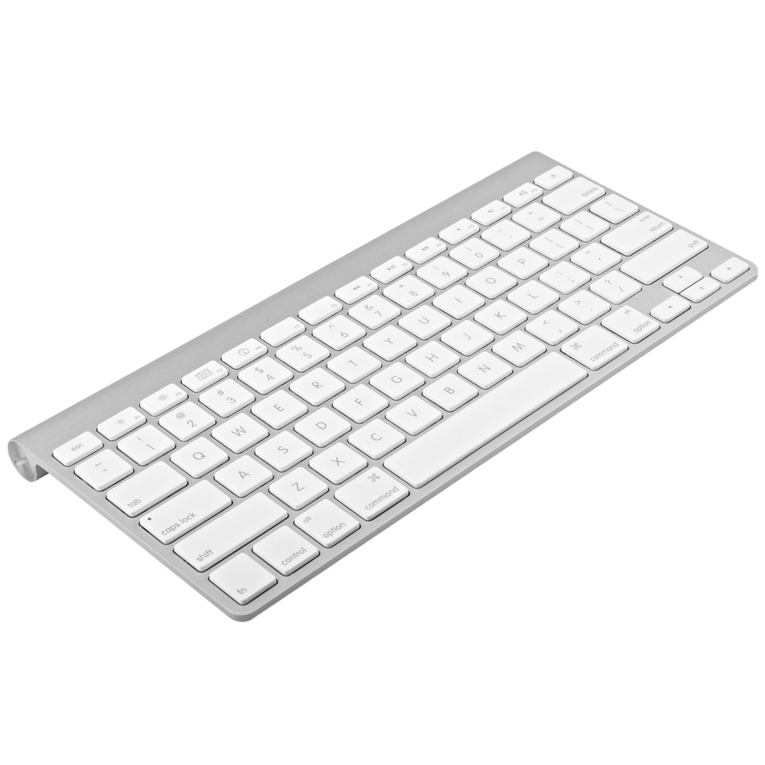 A slim, wireless keyboard with a silver casing and white keys featuring a QWERTY layout, command keys, and media controls suited for Apple devices.