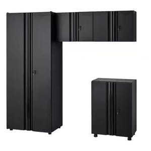 Three black cabinets: a tall two-door wardrobe, a low two-door cabinet, and a wall-mounted four-door overhead unit.