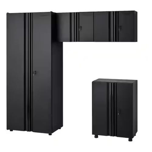 Three black cabinets: a tall two-door wardrobe, a low two-door cabinet, and a wall-mounted four-door overhead unit.