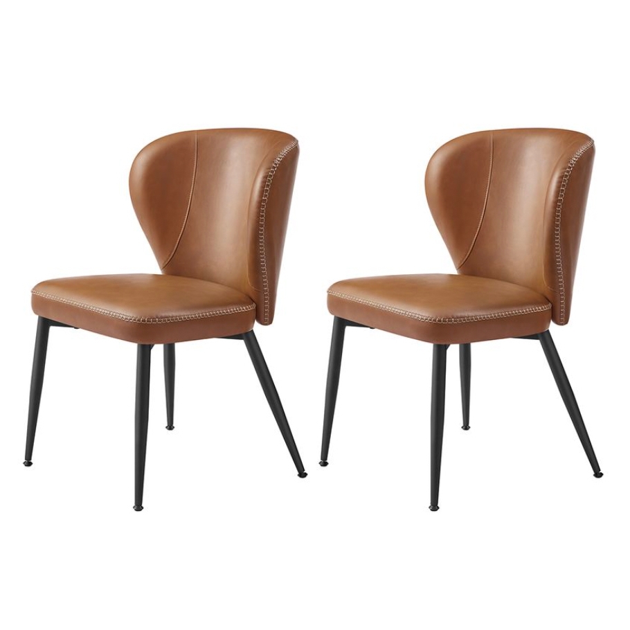 Two brown leather chairs with black metal legs, featuring curved backs and detailed stitching.