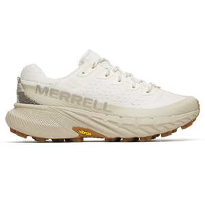 Merrell trail running shoe in a light beige color, featuring a Vibram sole for enhanced traction and stability.