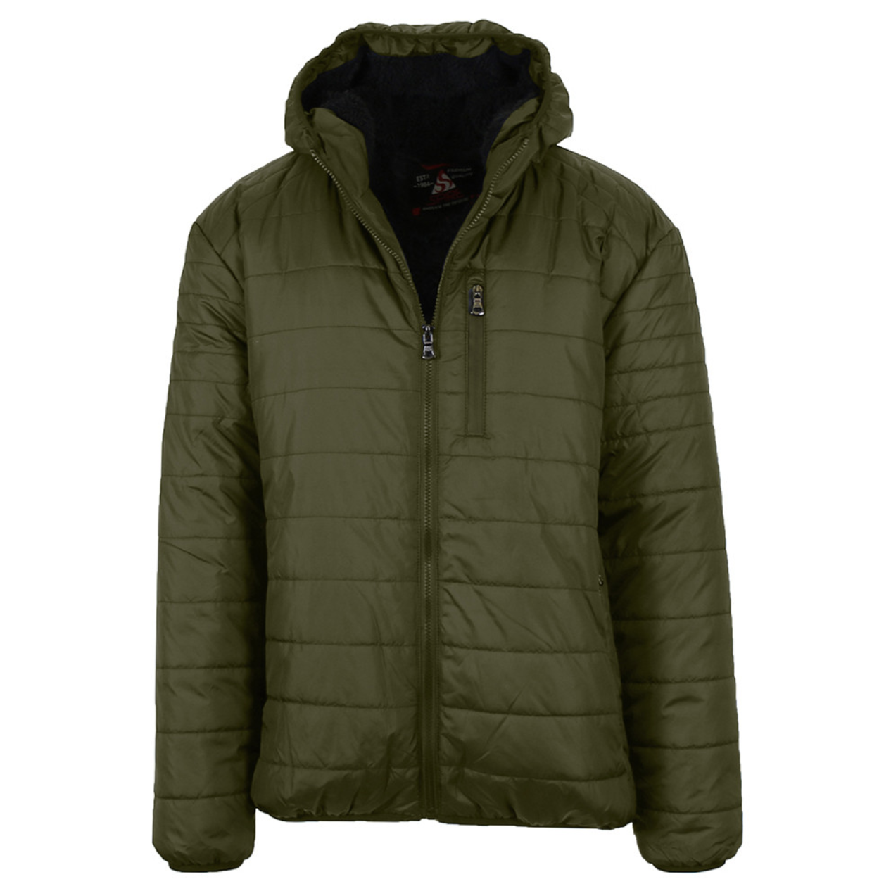 Olive green padded jacket with a front zipper, hood, and chest pocket.