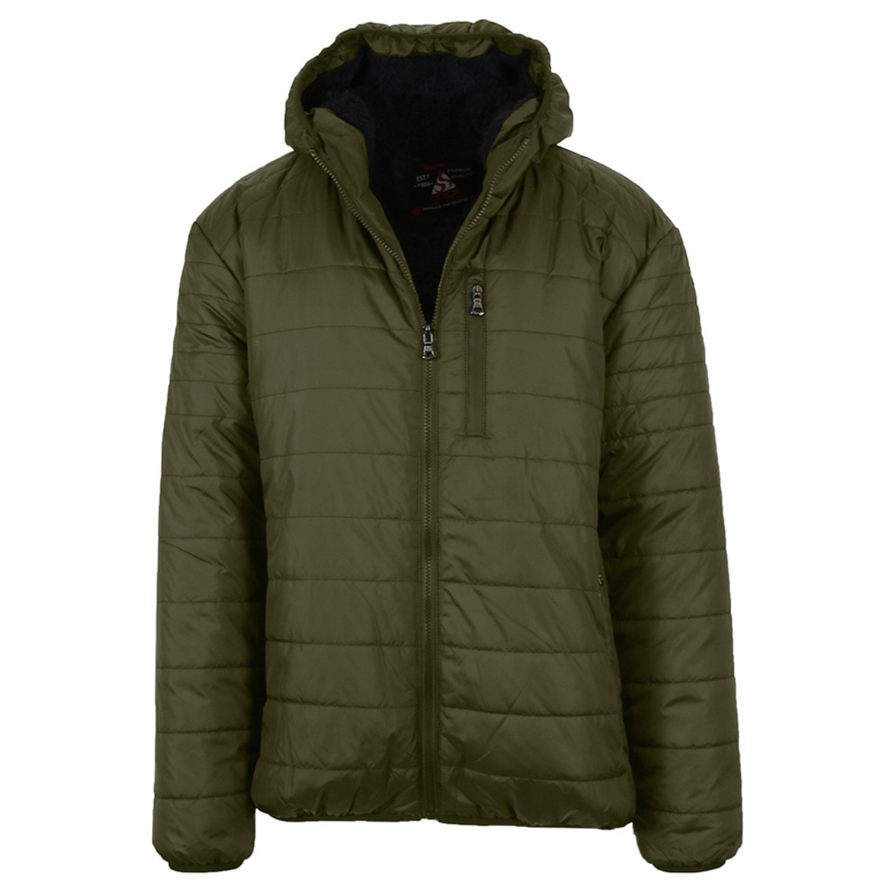 Olive green padded jacket with a front zipper, hood, and chest pocket.