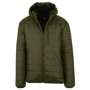 Olive green padded jacket with a front zipper, hood, and chest pocket.
