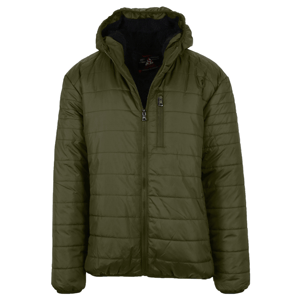 Olive green padded jacket with a front zipper, hood, and chest pocket.