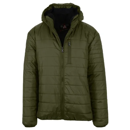 Olive green padded jacket with a front zipper, hood, and chest pocket.
