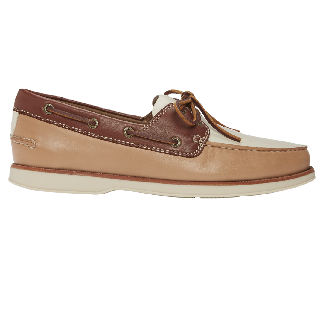 A brown and tan leather boat shoe with white stitching, lace-up front, and a white sole.