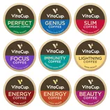 VitaCup offers a variety of coffee pods: Perfect Organic (Dark Roast), Genius (Medium Dark Roast), Slim (Medium Dark Roast), Focus (Medium Dark Roast), Immunity (Medium Dark Roast), Lightning (Dark Roast), Energy (Dark and Light Roasts), and Beauty (Medium Dark Roast).
