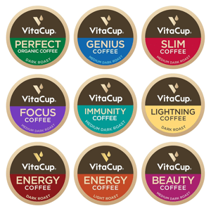 VitaCup offers a variety of coffee pods: Perfect Organic (Dark Roast), Genius (Medium Dark Roast), Slim (Medium Dark Roast), Focus (Medium Dark Roast), Immunity (Medium Dark Roast), Lightning (Dark Roast), Energy (Dark and Light Roasts), and Beauty (Medium Dark Roast).