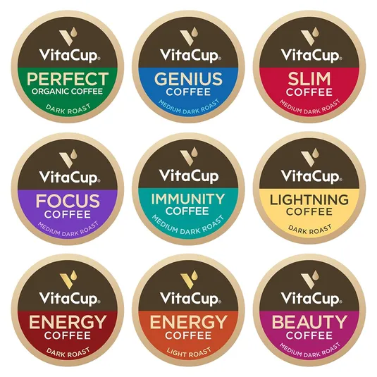 VitaCup offers a variety of coffee pods: Perfect Organic (Dark Roast), Genius (Medium Dark Roast), Slim (Medium Dark Roast), Focus (Medium Dark Roast), Immunity (Medium Dark Roast), Lightning (Dark Roast), Energy (Dark and Light Roasts), and Beauty (Medium Dark Roast).