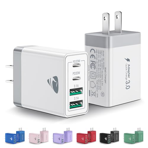 A dual USB wall charger with Quick Charge 3.0 and PD 20W ports, featuring foldable prongs. Available in multiple colors including blue, pink, white, purple, red, black, and green.
