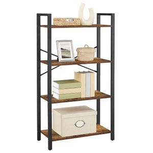 A five-tier open bookshelf with a black metal frame and wooden shelves holds decorative items like a framed picture, ceramic vase, woven basket, books, and a storage box.