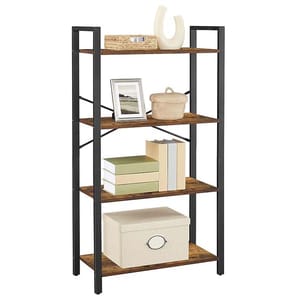 A five-tier open bookshelf with a black metal frame and wooden shelves holds decorative items like a framed picture, ceramic vase, woven basket, books, and a storage box.