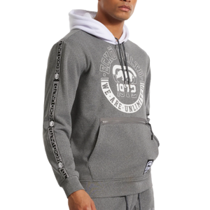 Gray Ecko Unltd. hoodie with white lettering, \“We Are Unlimited,\“ and a front zipper pocket. Features branded tape down the sleeves and a contrasting white hood.