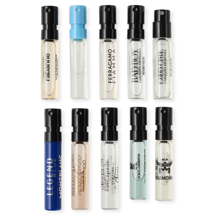 A collection of ten perfume samples in small spray bottles from various brands, including Paco Rabanne, Salvatore Ferragamo, Carolina Herrera, Montblanc, Jimmy Choo, Dolce & Gabbana, and MCM.