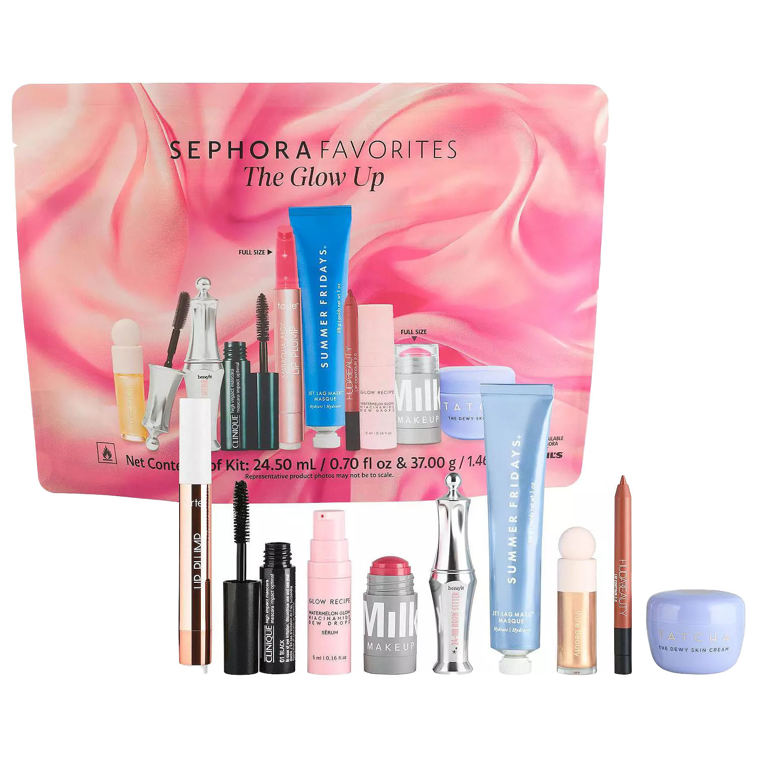 Sephora Favorites \“The Glow Up\“ kit includes a variety of beauty products such as mascara, lip balm, cream blush, brow gel, dewy skin cream, serum, and a lip liner. The set features brands like Summer Fridays, Milk Makeup, and Tatcha.