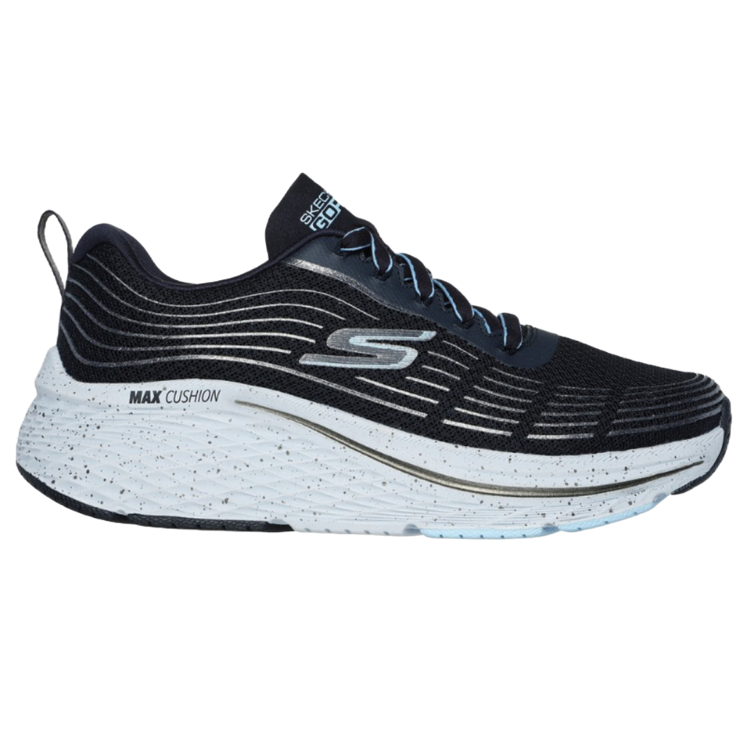 Skechers Max Cushioning Elite 2.0 Shoes in black feature a breathable upper, a thick white speckled sole with \“MAX Cushion\“ printed on it, and the Skechers logo on the side, designed for added comfort and support.