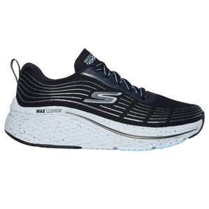 Skechers Max Cushioning Elite 2.0 Shoes in black feature a breathable upper, a thick white speckled sole with \“MAX Cushion\“ printed on it, and the Skechers logo on the side, designed for added comfort and support.