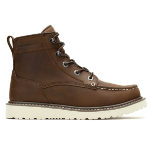 The Wolverine Trade Wedge 6\“ Work Boots are rugged brown leather boots featuring a moc toe design, metal eyelets, and a white wedge sole, offering durability and comfort for work environments.