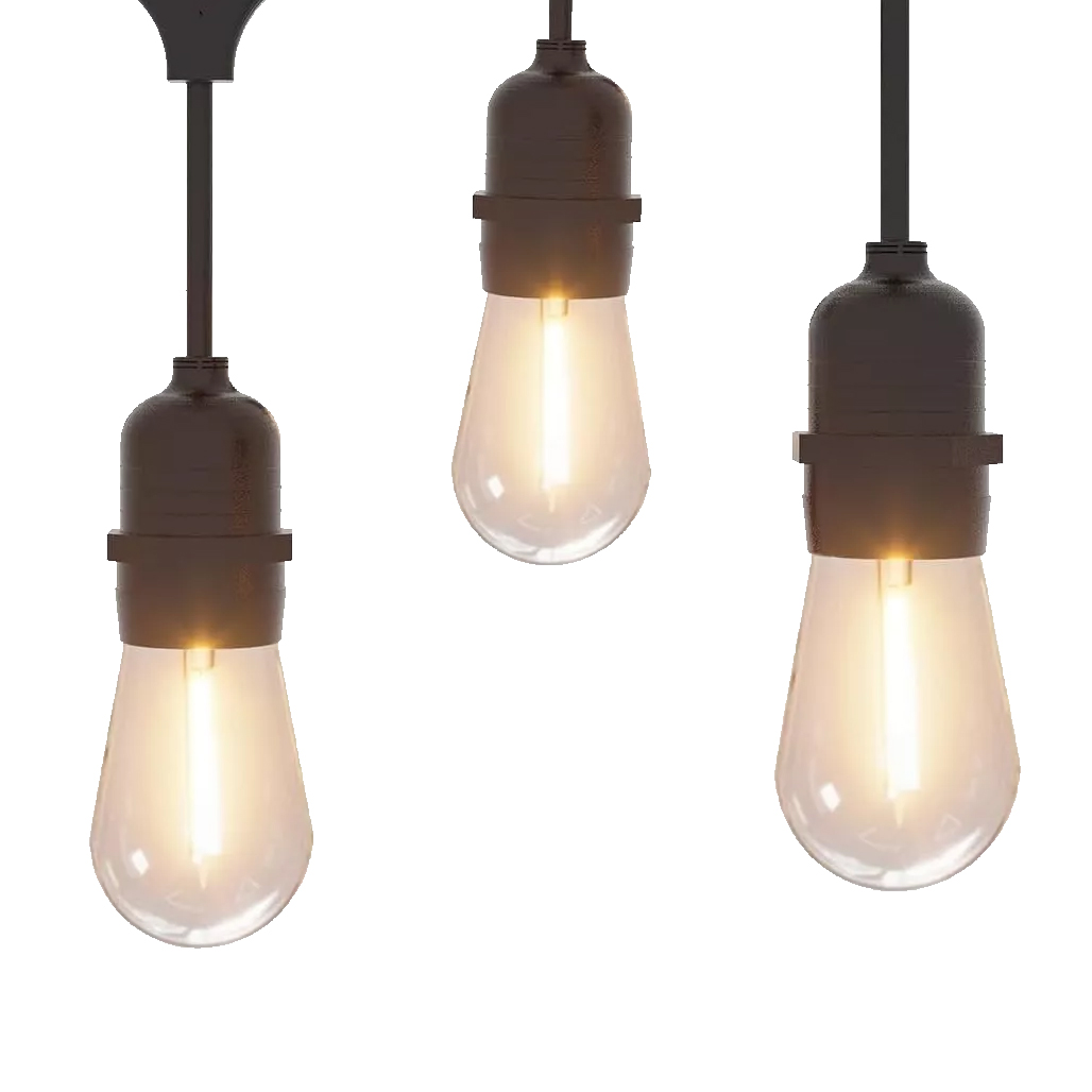 Three pendant lights with vintage-style Edison bulbs and black sockets emit a warm glow.