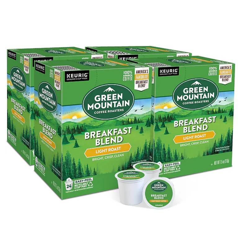 A pack of Green Mountain Breakfast Blend K-Cup pods, consisting of 4 boxes with 24 light roast coffee pods each. The packaging features green landscape graphics.