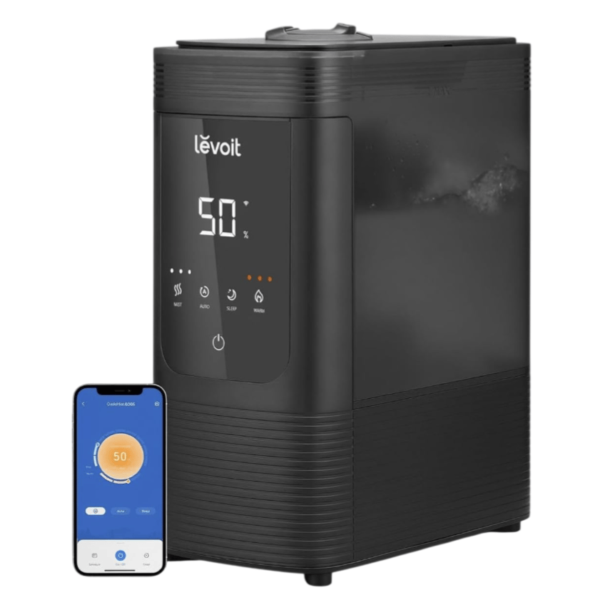Smart humidifier with a digital display showing humidity levels and settings; compatible with smartphone app for remote control.