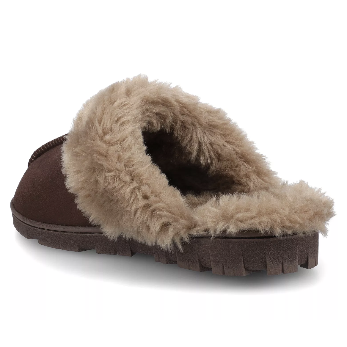 A brown slipper with a plush, fluffy lining and a thick, grooved sole.