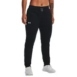 Black joggers with a drawstring waistband and a white Under Armour logo on the left thigh, paired with white sneakers.