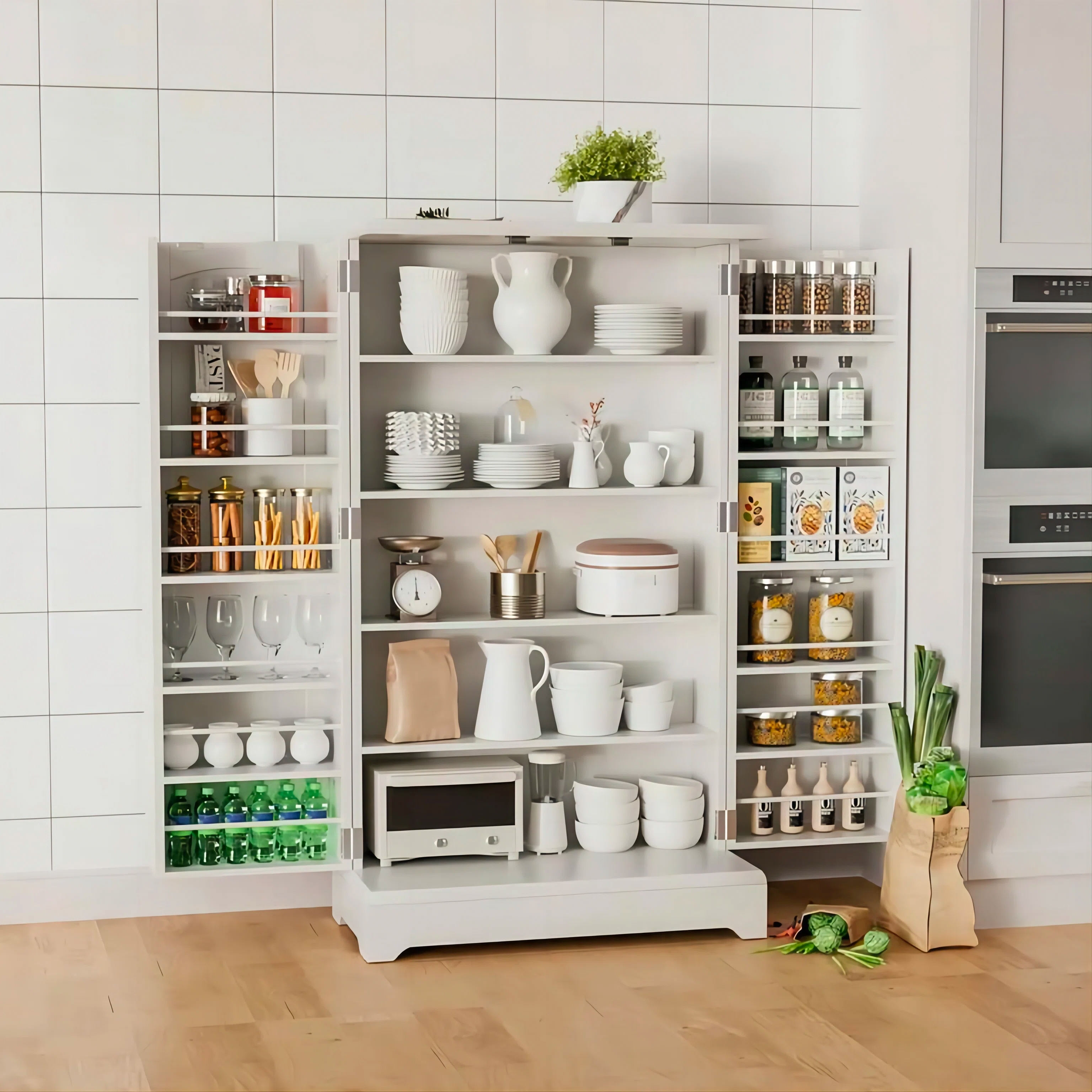 A kitchen shelf stocked with various dishes, glasses, utensils, spices, and a microwave.
