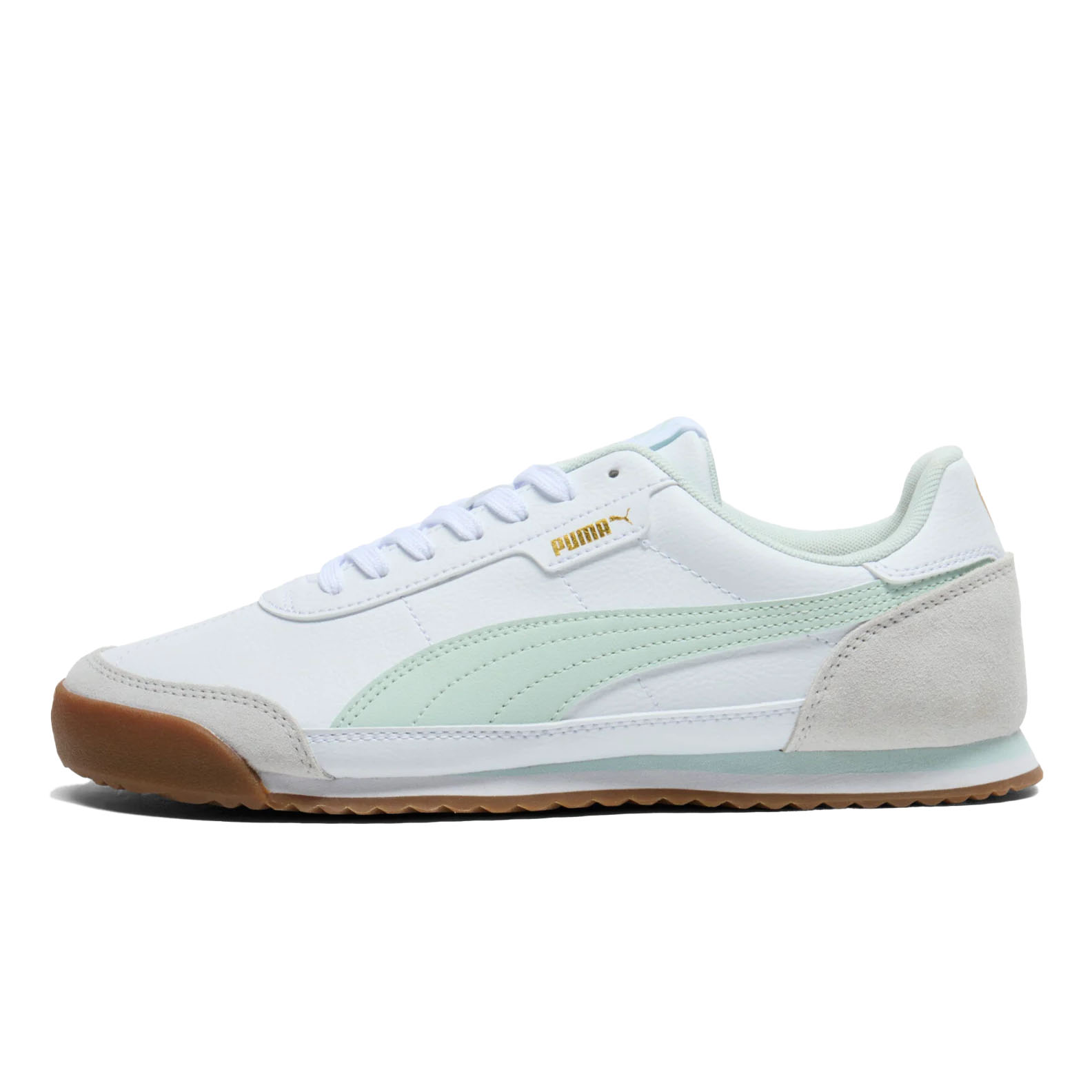 Puma Turino II Sneakers feature a white and mint green colorway with a suede accent on the heel and a gum rubber outsole. They have a classic low-profile silhouette with Puma branding on the side and tongue.